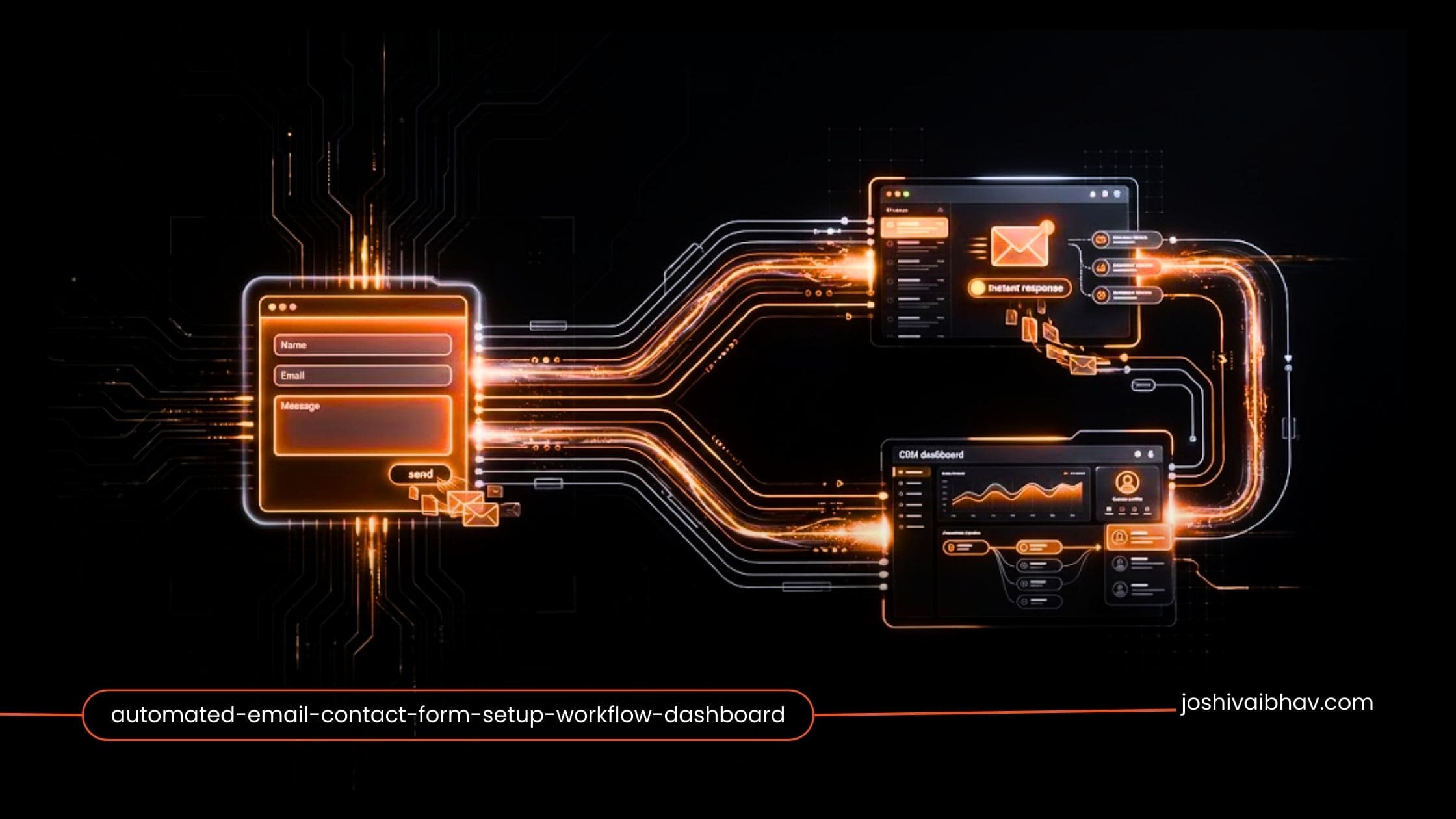 Professional home office workspace showing laptop with email automation workflow dashboard for contact form responses