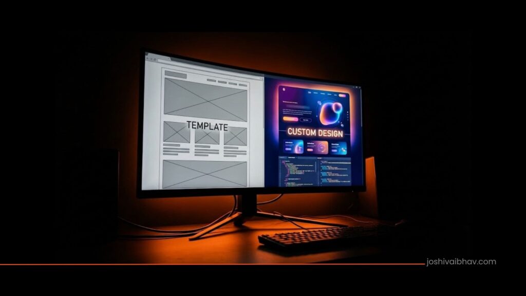 A comparison of a generic WordPress template layout versus a custom-designed website interface on a monitor.
