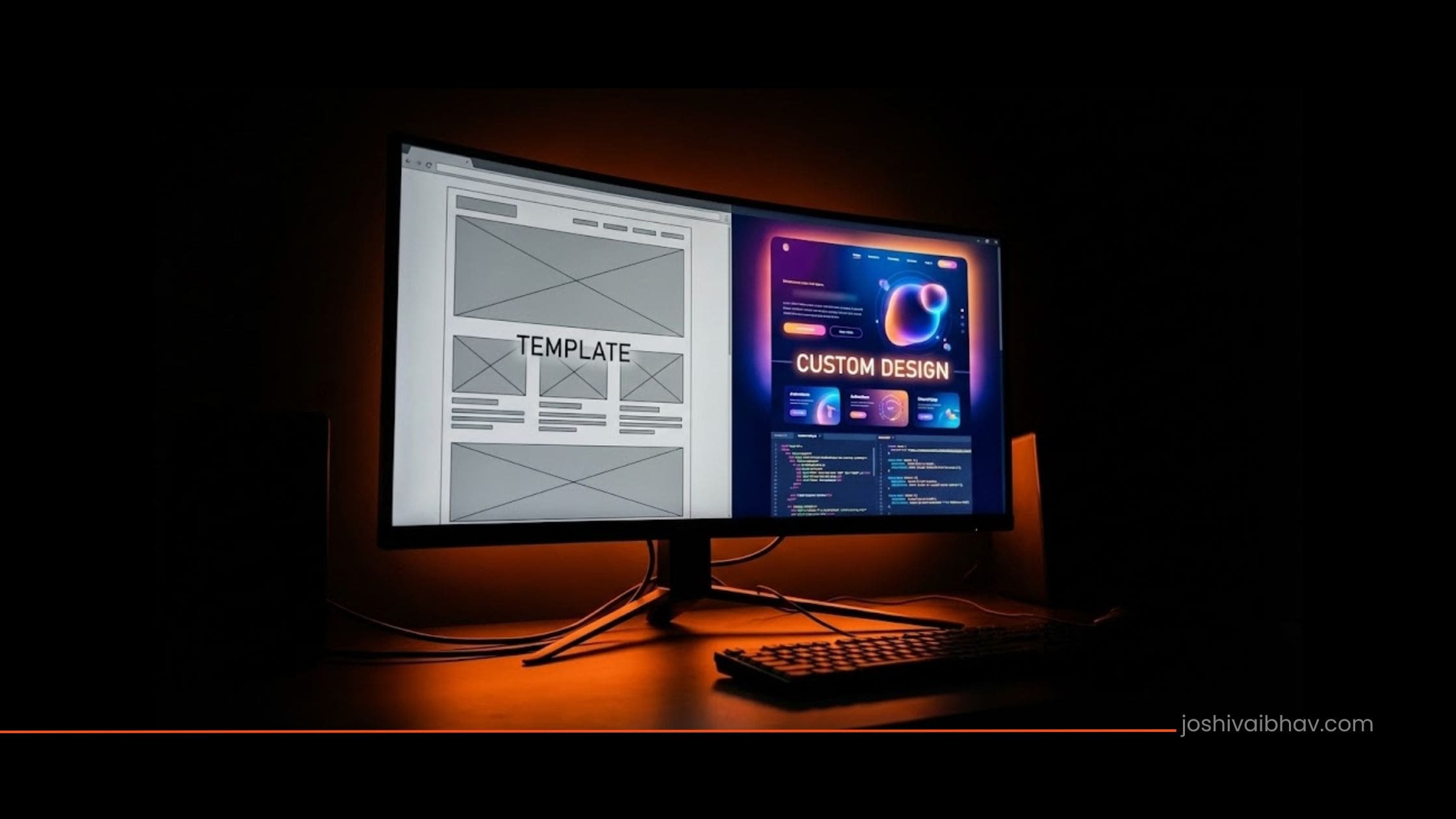 A comparison of a generic WordPress template layout versus a custom-designed website interface on a monitor.