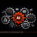 Digital gears and AI neural patterns representing integrated automation platforms streamlining small business operations in India.