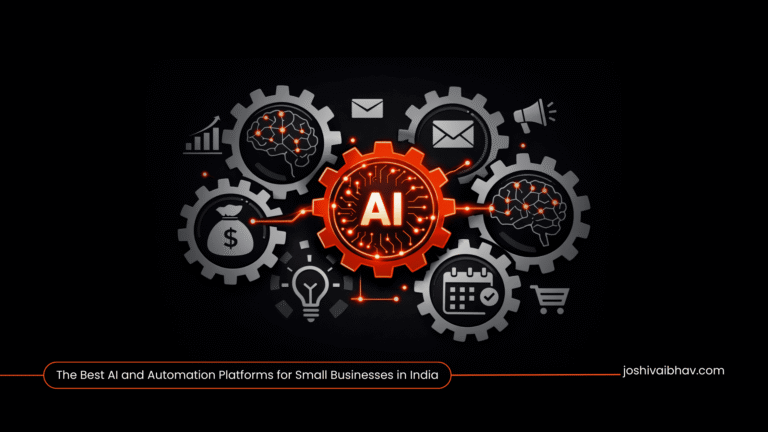 Digital gears and AI neural patterns representing integrated automation platforms streamlining small business operations in India.