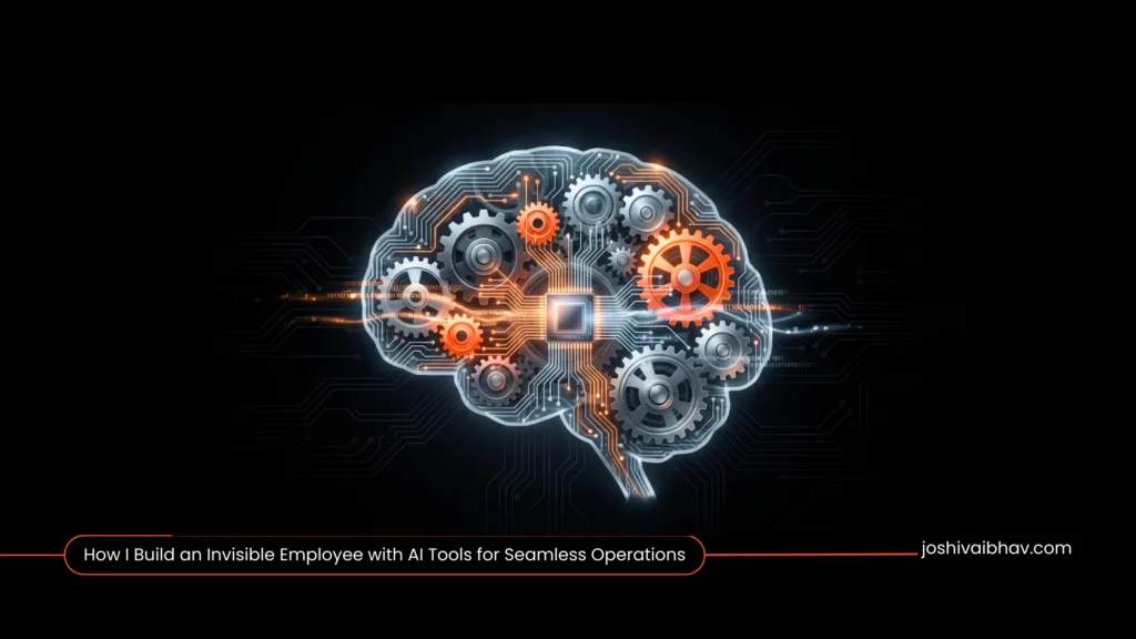 Digital gears and data streams illustrating AI automation and seamless background processes for an invisible employee.