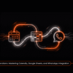 Three icons representing Calendly, Google Sheets, and WhatsApp connected by data flows, symbolizing their integration for automated business workflows.