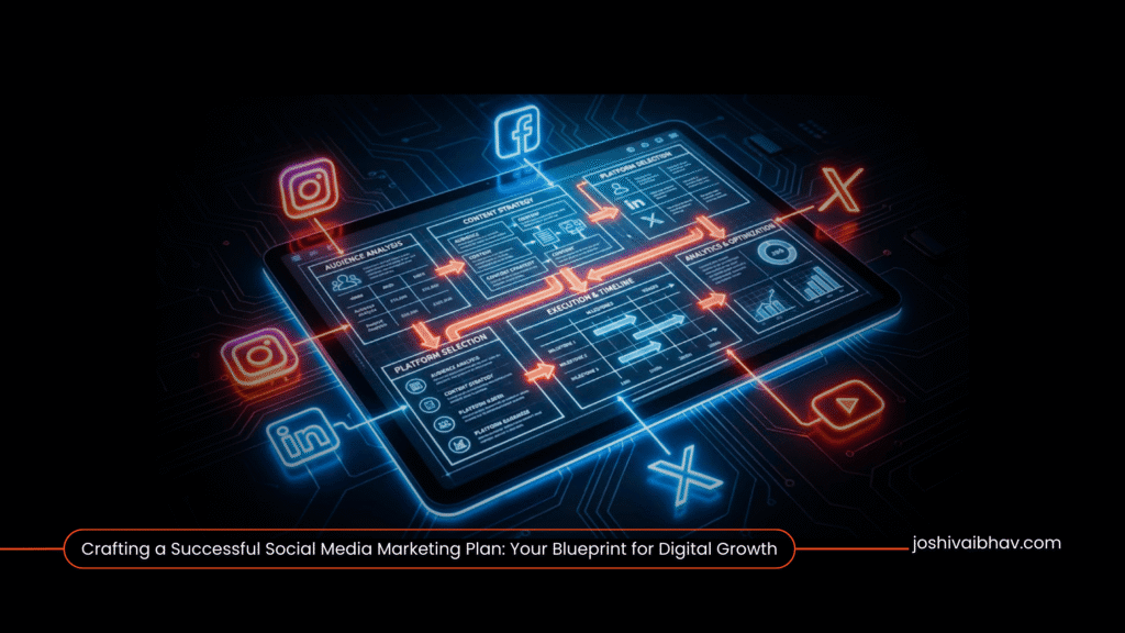 Digital blueprint illustrating a structured social media marketing plan with various platform icons, signifying strategic execution.