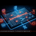 Digital blueprint illustrating a structured social media marketing plan with various platform icons, signifying strategic execution.