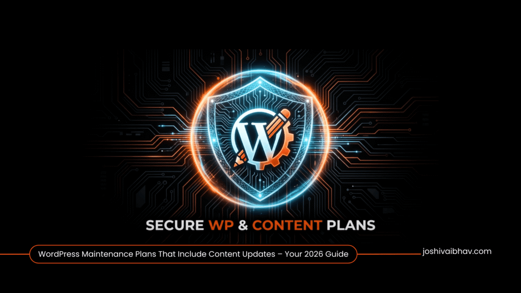 A digital shield protecting a WordPress logo, with an integrated content editing icon, signifying comprehensive WordPress maintenance and content update plans.