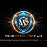 A digital shield protecting a WordPress logo, with an integrated content editing icon, signifying comprehensive WordPress maintenance and content update plans.